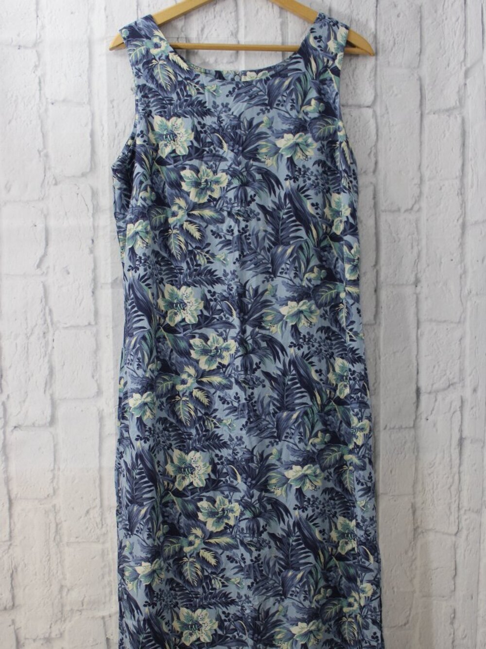 Vintage Charter Club Size 14 Blue Tropical Sleeveless Maxi Shift Dress (Flaw)